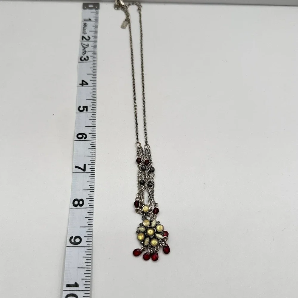 Vintage 20s Yellow Flower Pendant Silver Tone Multi-Strand‎ Necklace Jewelry